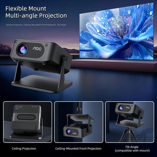 AOC HA109-PRO Portable Mini Projector, Native 720p Projector, 200 ANSI Lumens, Wi-Fi 6, Bluetooth 5.0, 4K Decoding, 360° Rotatable Stand, Auto Keystone Correction, Home Theater and Outdoor Movie Projector for the Bedroom