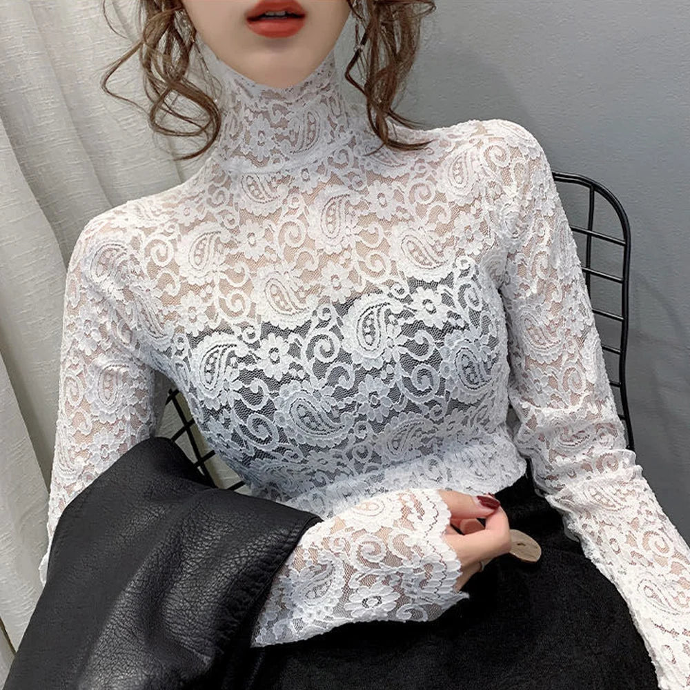 Blouse Women Transparent Lace T Shirt Stretch Turtleneck Petal Sleeve Girl Blusas Mujer De Moda Black White Apricot Shirt Tops
