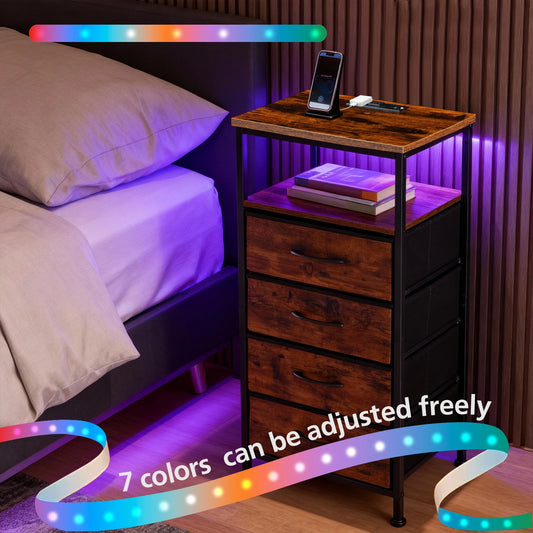 JHK Corner Table Cabinet with 4 Fabric Drawers Support USB/Type-C Ports and Outlets Adjustable Feet and Variable Light Strip