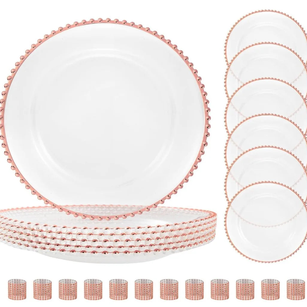 13 Inch Gold Beaded Clear Charger Plates Luxury Set for Wedding Table Dinner Birthday Party Reception Banquet Holiday Home Decor