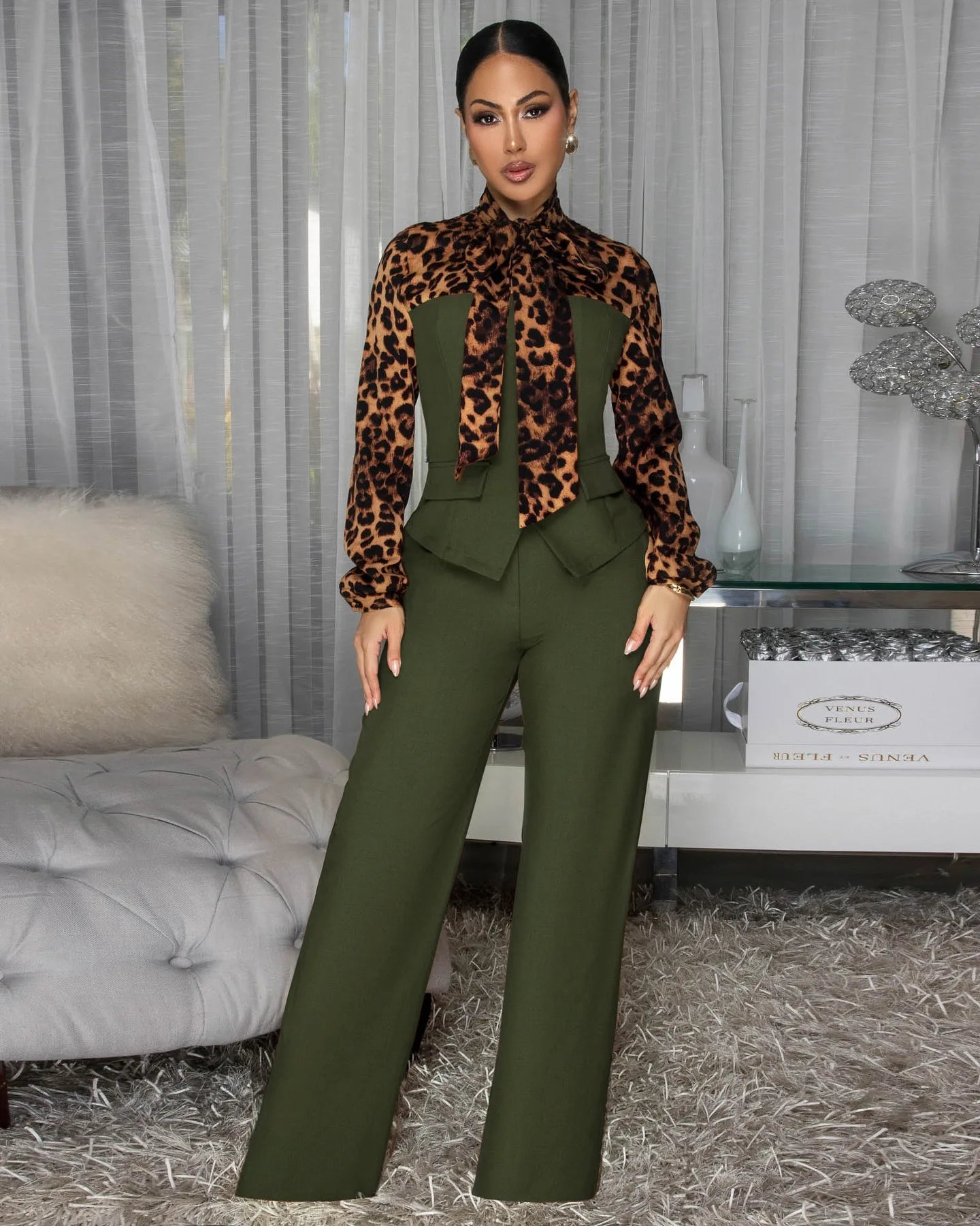 2 Pcs Women Chic Pants Suit Casual Leopard Patchwork Slim Top+ High-waist-drooping Wide-leg Long Pants Fashion Autumn Suits Set