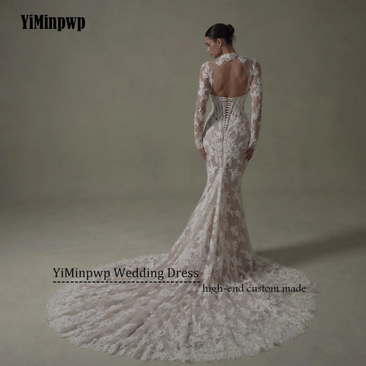 Ivory Lace Mermaid Wedding Dresses for Bride Removable High Neck Long Sleeve Backless Garden Beach Bridal Gown Customized