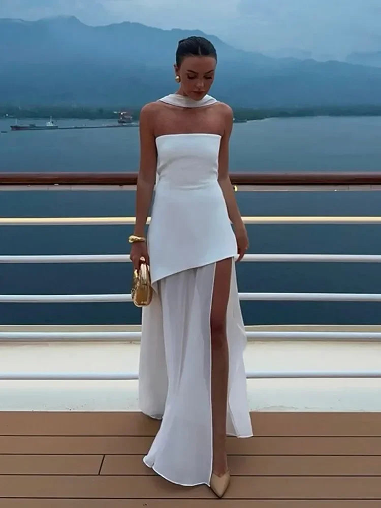 Solid Spliced Ribbon Maxi Dress Women Elegant Strapless Sleeveless Slit Long Dresses 2025 New Summer Holiday Party Lady Vestidos