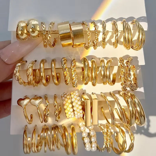 48/96pcs Vintage Gold Color Fashion Large Metal Faux Pearl Twisted Braided Earrings Set for Women Daily Wear Jewelry Gifts 2026