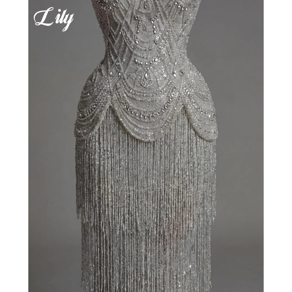Lily Silver Strapless Prom Dress Beaded Corset with Fringe Skirt Evening Dress Luxury Mermaid Party Dress For Women Customized
