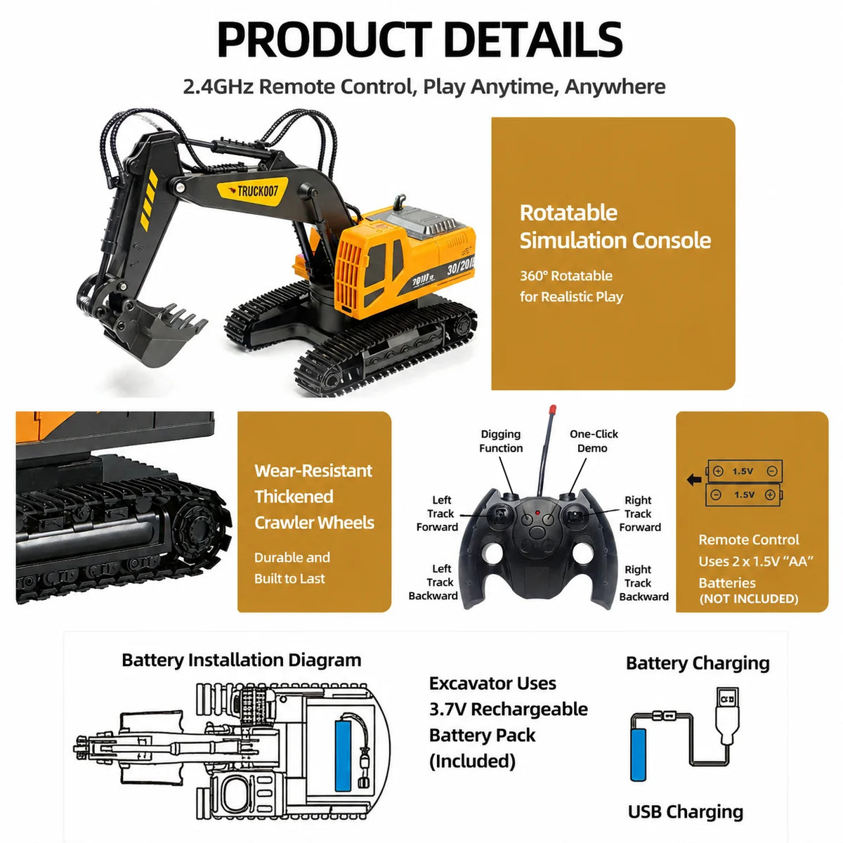1:14 Remote Control Excavator, 6 Channels, 360° Rotation, Rechargeable Lithium Battery, Alloy Bucket, Durable Tracks, Kids Toy