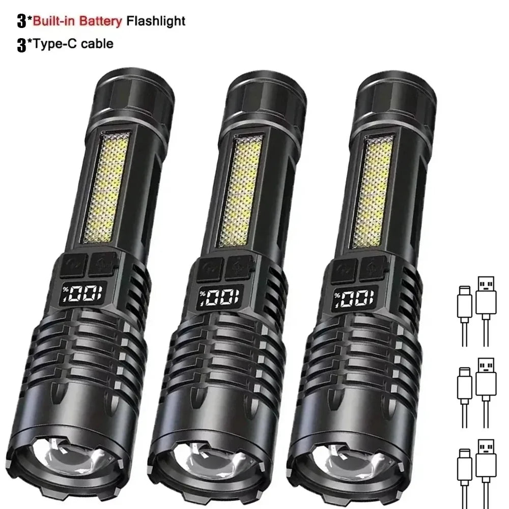 Super Bright COB LED Flashlight TYPE-C Rechargeable Zoomable With Side Light Waterproof Torch Camping Hiking Emergency Outdoor