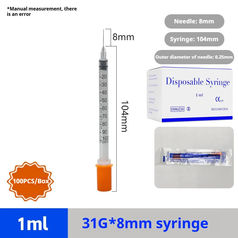 100Pcs 1ml Sterile Insulin Syringe, Individually Wrapped Plastic Syringe for Pet Veterinary Lab Industrial Dispensing
