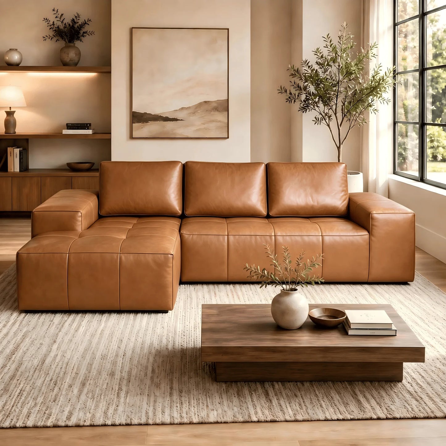 114" Cloud Sectional Sofa with Chaise, L-Shaped Modular Faux Leather Couch, Boneless Deep Seat Sofa No Assembly Needed for Living Room Apartment Bedroom, Brown
