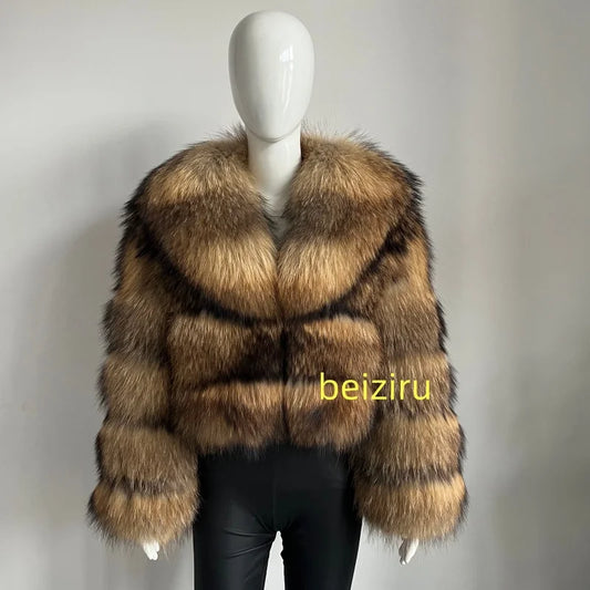 BEIZIRU Women's Real Raccoon Fur Coat Winter Long Sleeve Hooded Jacket with Turndown Collar Natural Luxury Thick Top