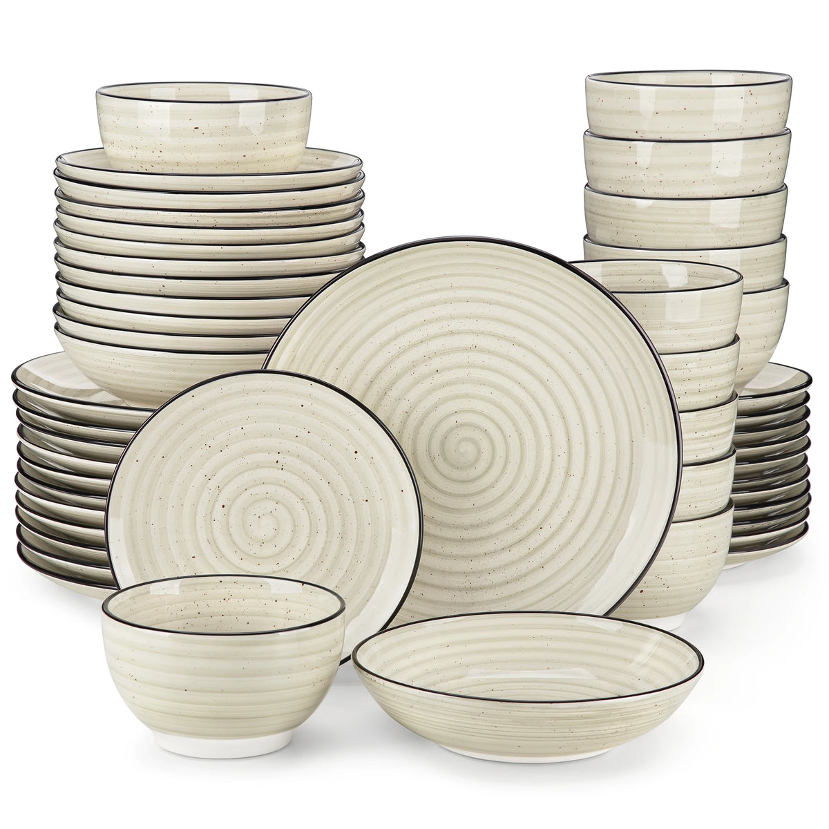 Vancasso 24/48 Piece Beige Plates Dinner Sets Ceramic Dinnerware Sets Handpainted Spiral With 6 Dinner Plate/Dessert/Soup/Bowl