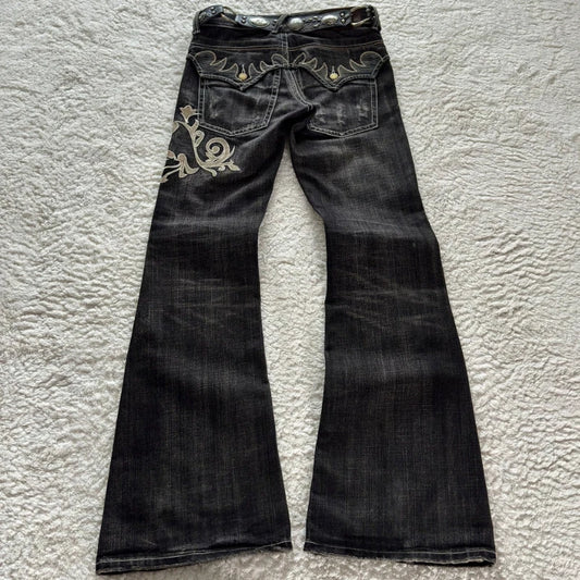 HOUZHOU Vintage Embroidery Patchwork Women Flared Jeans Y2k Harajuku Wide Leg American Style Denim Pants Baggy Punk Streetwear