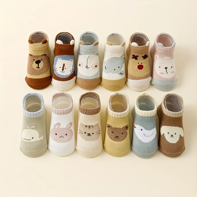 12 Pairs of Boys and Girls' Anti Slip Socks with Cute Cartoon Animal Patterns, Comfortable and Breathable Baby Floor Socks