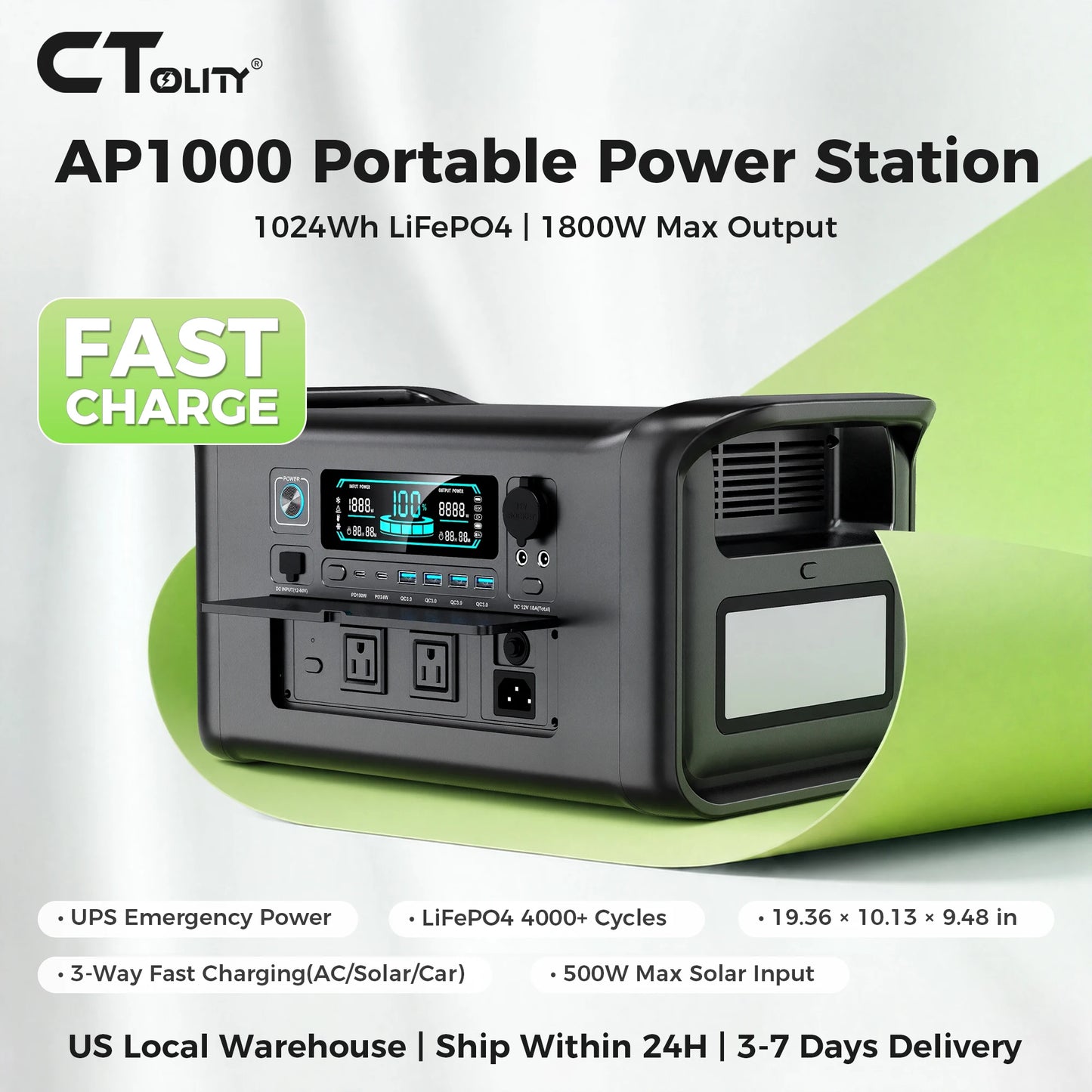 CTOLITY XP1000 PLUS Portable Power Station, 1024Wh LiFePO4 Solar Generator | 1800W (3000W Surge) | 1 Hour Super Fast Charge | Lightweight for Home Backup, Camping & Hurricane Emergency