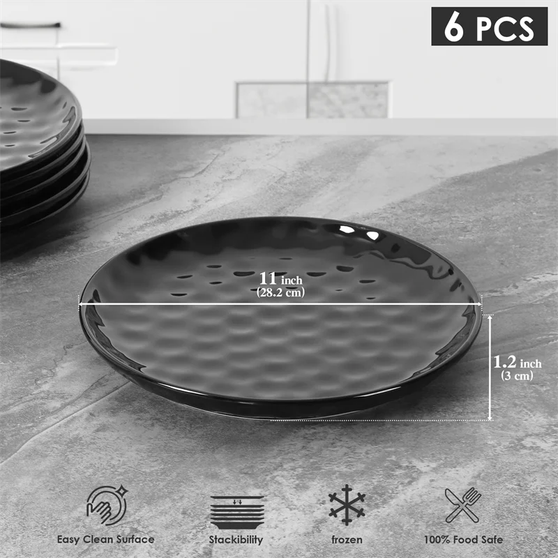 11 Inch Ceramic Plate Black Noble Elegant Hammered 6-piece Set For Parties Family Dinners