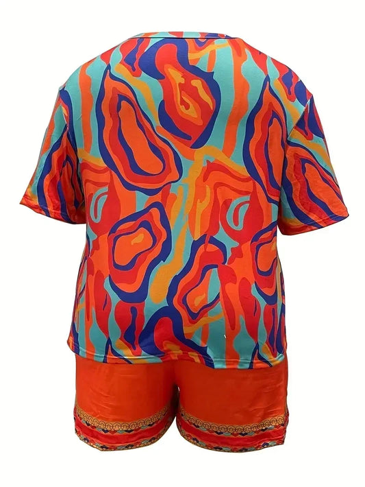 Plus Size 1XL-5XL Women Casual Colorful Abstract Print Pajama Set Round Neck Short Sleeve T-Shirt & Shorts Summer Loungewear
