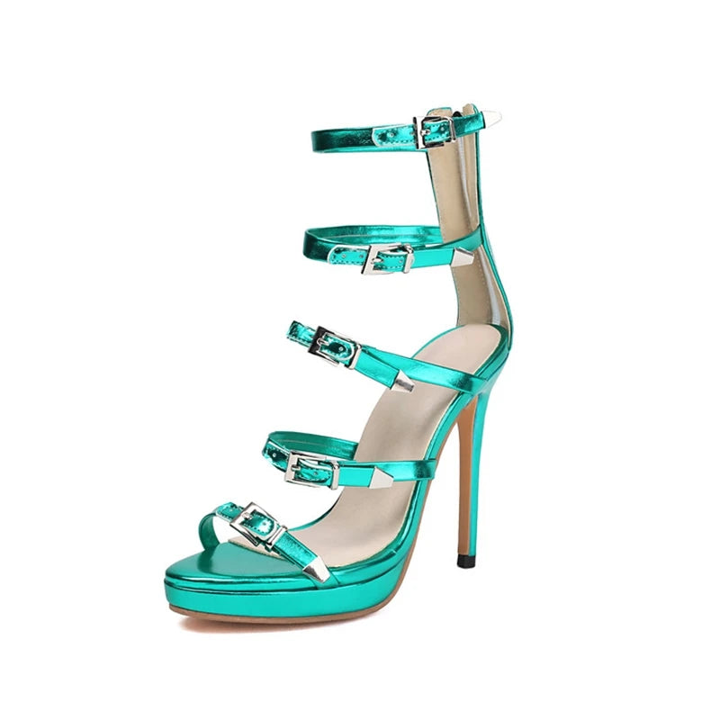 Girseaby Sexy Women Sandals Buckles Open Toe 12cm Stiletto High Heels Green Purple Gold Silver Big Size 46 48 50 52 US14 US17