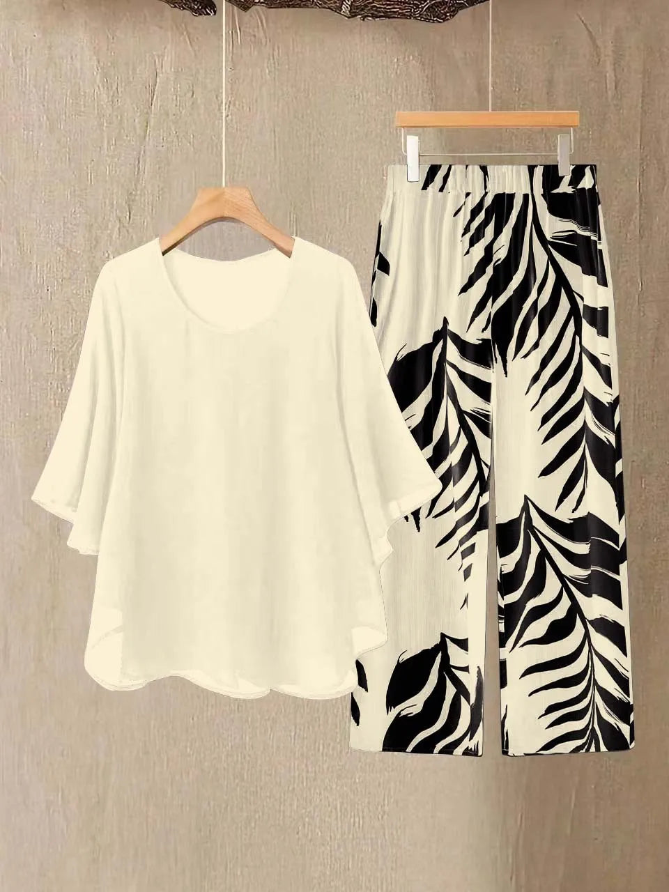 Lady Colorful O Neck Loose Suit Casual Chiffon Set Three Quarter Sleeve Top Wide Leg Pants Women Outfit Comfortable 2 Piece Sets