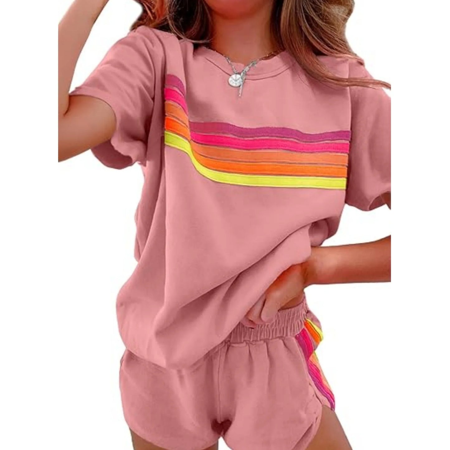 Women Casual Sports Outfits Summer Outdoor Comfortable Cool Shorts Tracksuit 2pcs Set Urban Fashion Stripe Top Suit Streetwear