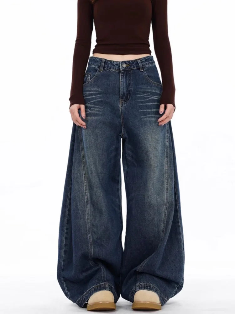 2026 Japanese Y2K Fashion Vintage Black Patchwork Baggy Women's Jeans Pants Wide Leg Woman Clothing Casual Cotton Denim Trousers