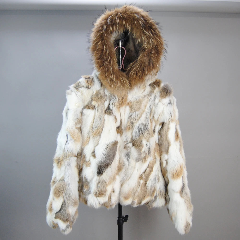 New Russian Women Real Rabbit Fur Coats Winter Warm 100% Natural Rabbit Fur Jacket Lady Warm With Raccoon Fur Hooded Outerwear