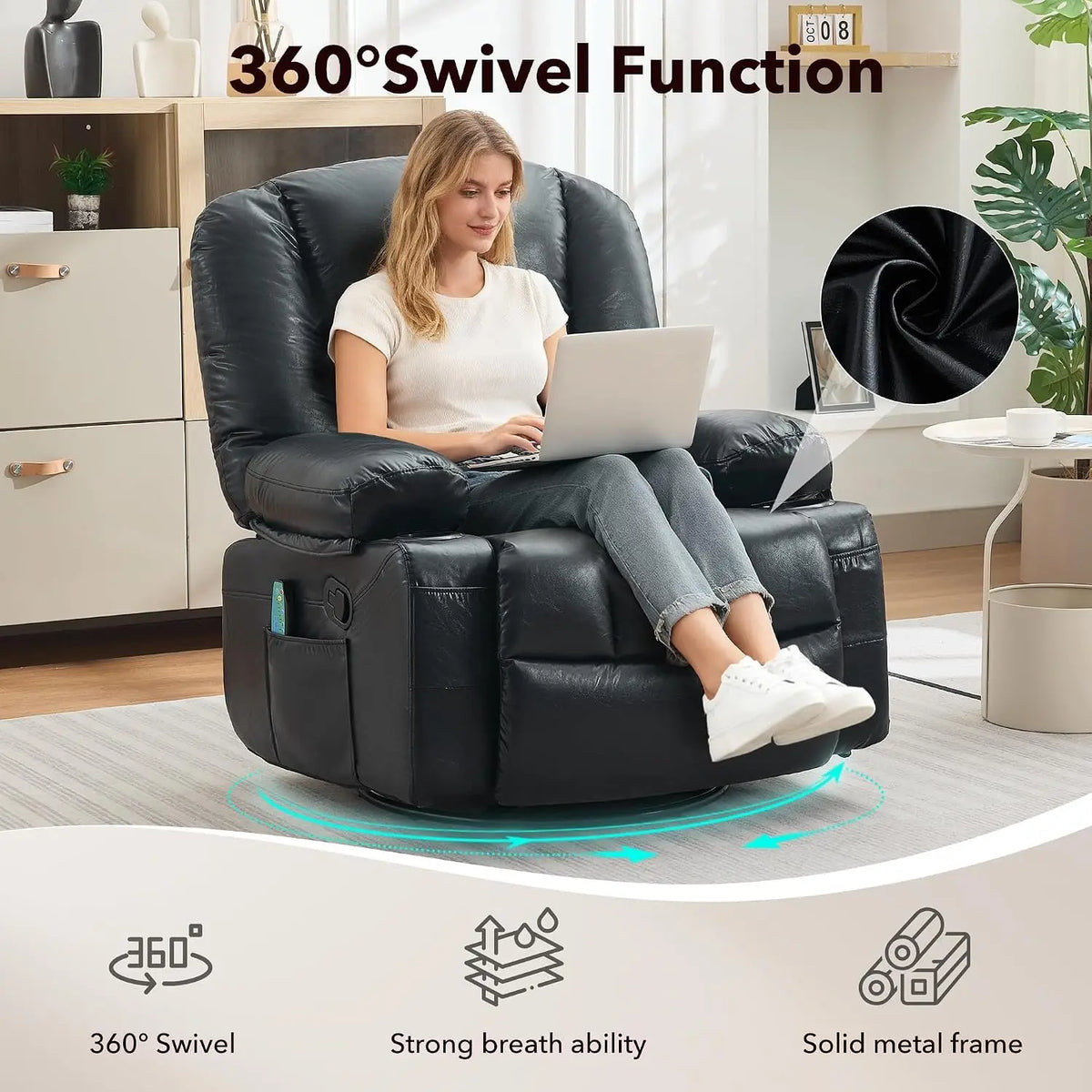 Oversized Recliner Chair, Massage Chair, 360 Swivel, Heat, USB,350 LB Capacity, 8-Point Vibration, Lumbar Heat, 145° Recline, 2 Cup Holders, USB Port, Side Pocket And Retractable Footrest