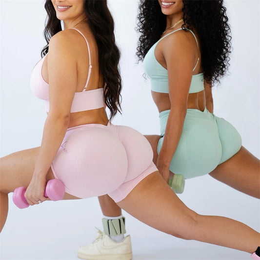 Bum 2PCS Seamless Yoga Set Women Blossom Bra + V-Back Shorts Gym Workout Suits Wear Women Sports Scrunch Butt Set Sportswear