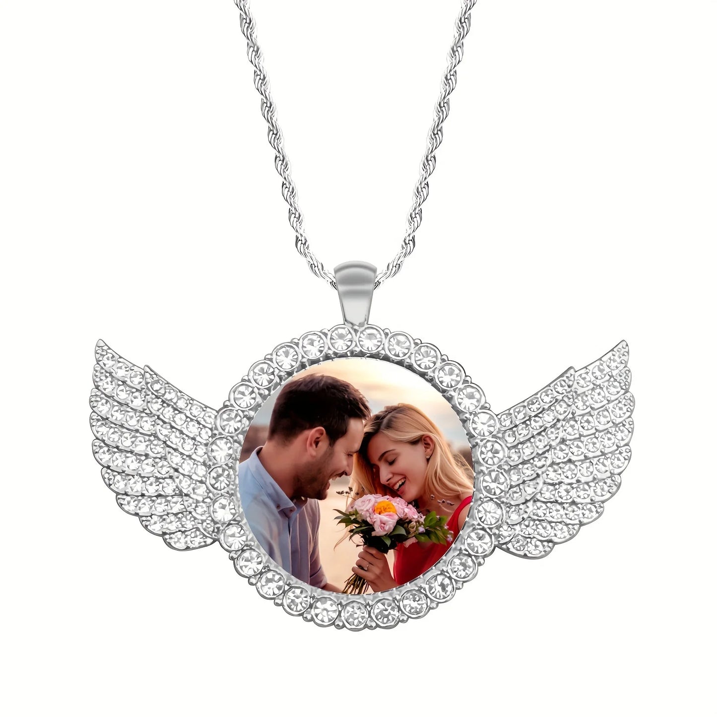 Custom Angel Wing Round Photo Necklace -Personalized Unforgettable memories Picture Pendant Jewelry Perfect for Anniversary Gift