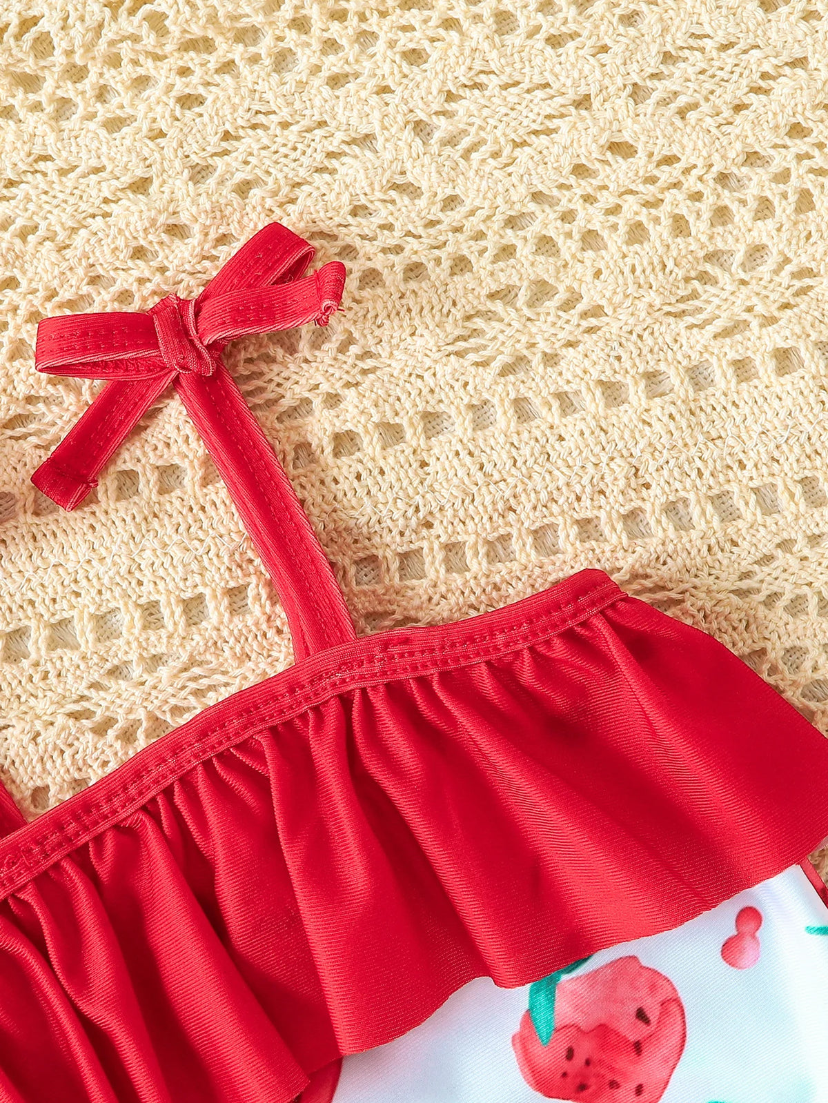 Cute 3-18M baby girl strawberry one-piece swimsuit set with matching sun hat. Watercolor strawberry print, ruffle hem & shoulder