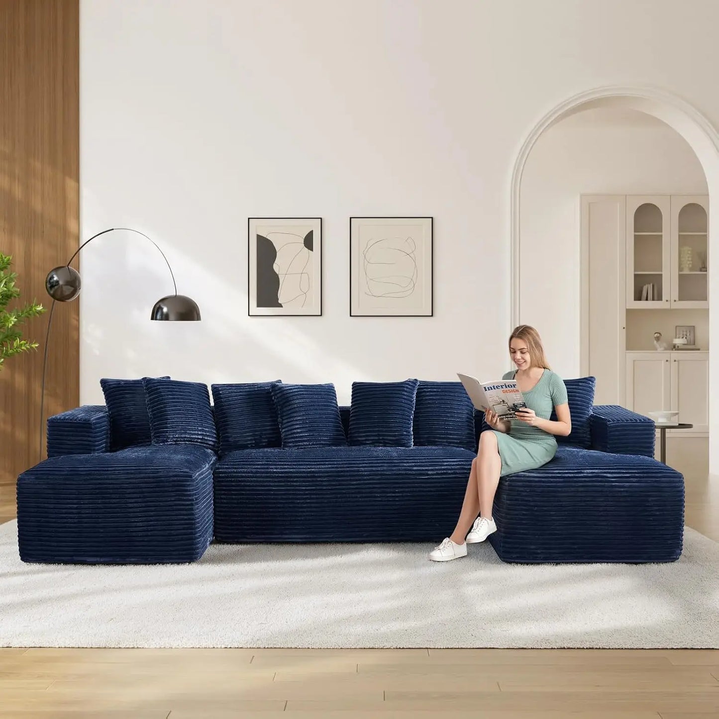 131" Oversized Cloud Boneless Couch Sofa with Chaise, Black, Custom