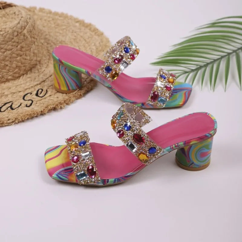 Large Size High Heel Slippers Women's Summer New Candy Color Rhinestone Sandals Flat Buckle Slippers PU Leather Rubber Sole