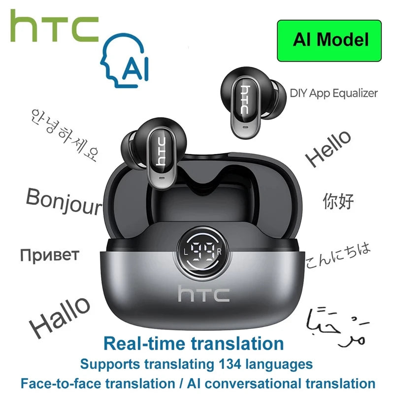 HTC NE79 Real Time Translation Earphone Bluetooth HiFi Music HD Call Noise Reduction Wireless Earbud LED Display With Mic