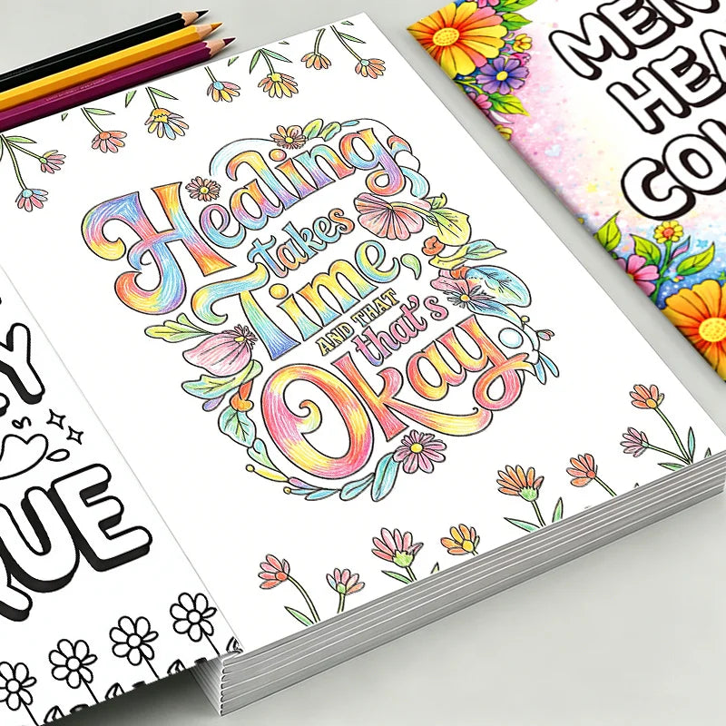Mental Health Coloring Book 32 Pages, Floral Themed Mindful Stress Relief Coloring Pages for Adult Anxiety Relief