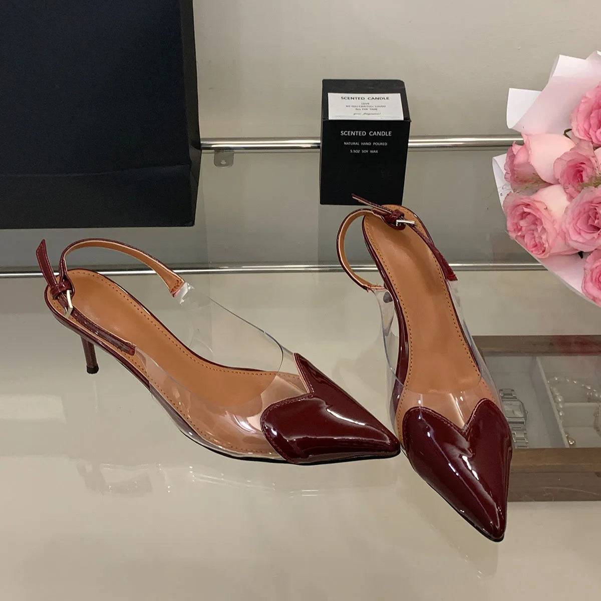 Heart Shaped Women Pumps Elegant Pointed toe Transparent PVC Slingbacks Stiletto High heels Party Shoes