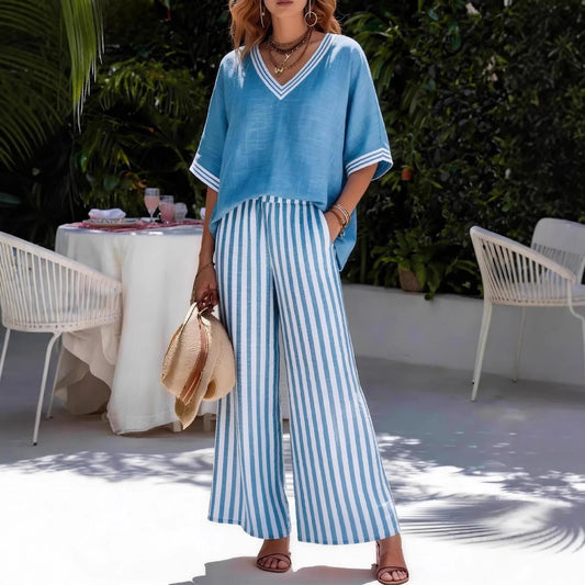 Two Pieces Women Pant Sets Striped Matching Set Short Sleeves V Neck Top Elastic Waist Wide Leg Pants Loose Casual 2026 Summer
