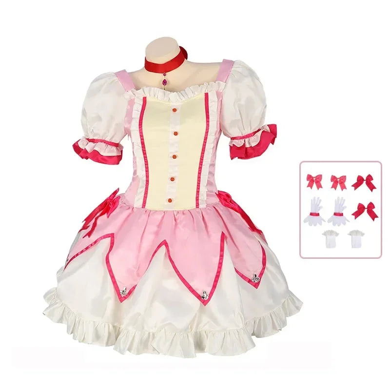 Kaname Madoka Cosplay Costume Wig Anime Puella Magi Madoka Magica Pink Ball Dress Halloween Party Uniform Outfit for Women Girl