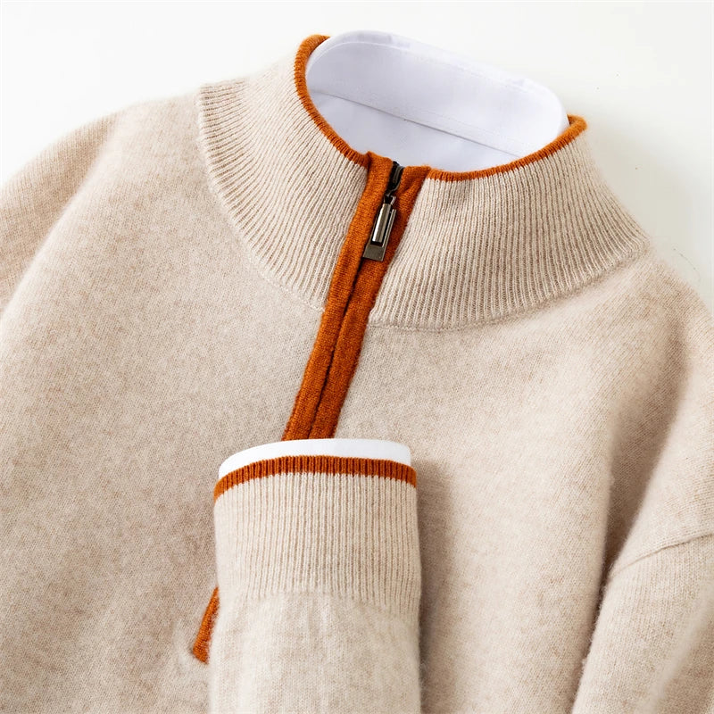 Men's 100% cashmere sweater casual knit pullover shirt loose Mock collar Tops zipper Blouse autumn/winter color blocked Jumper
