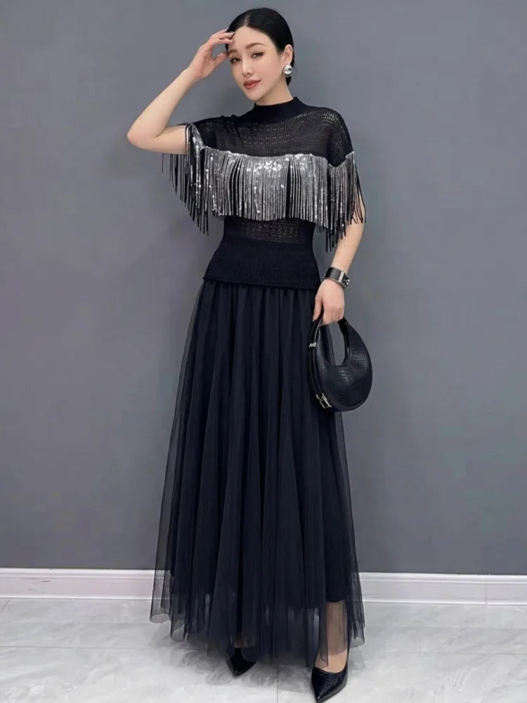 SHENGPALAE Fringe Short Sleeve Knit Top Tulle Maxi Skirt Two Piece Set Elegant Casual Summer Women Outfit 2026 New Summer