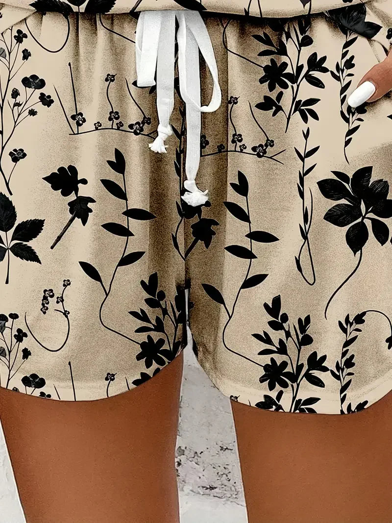 Women's Spring/Summer Fashion Two-Piece Set - Floral Print Sleeveless T-Shirt + Floral Print Shorts Set