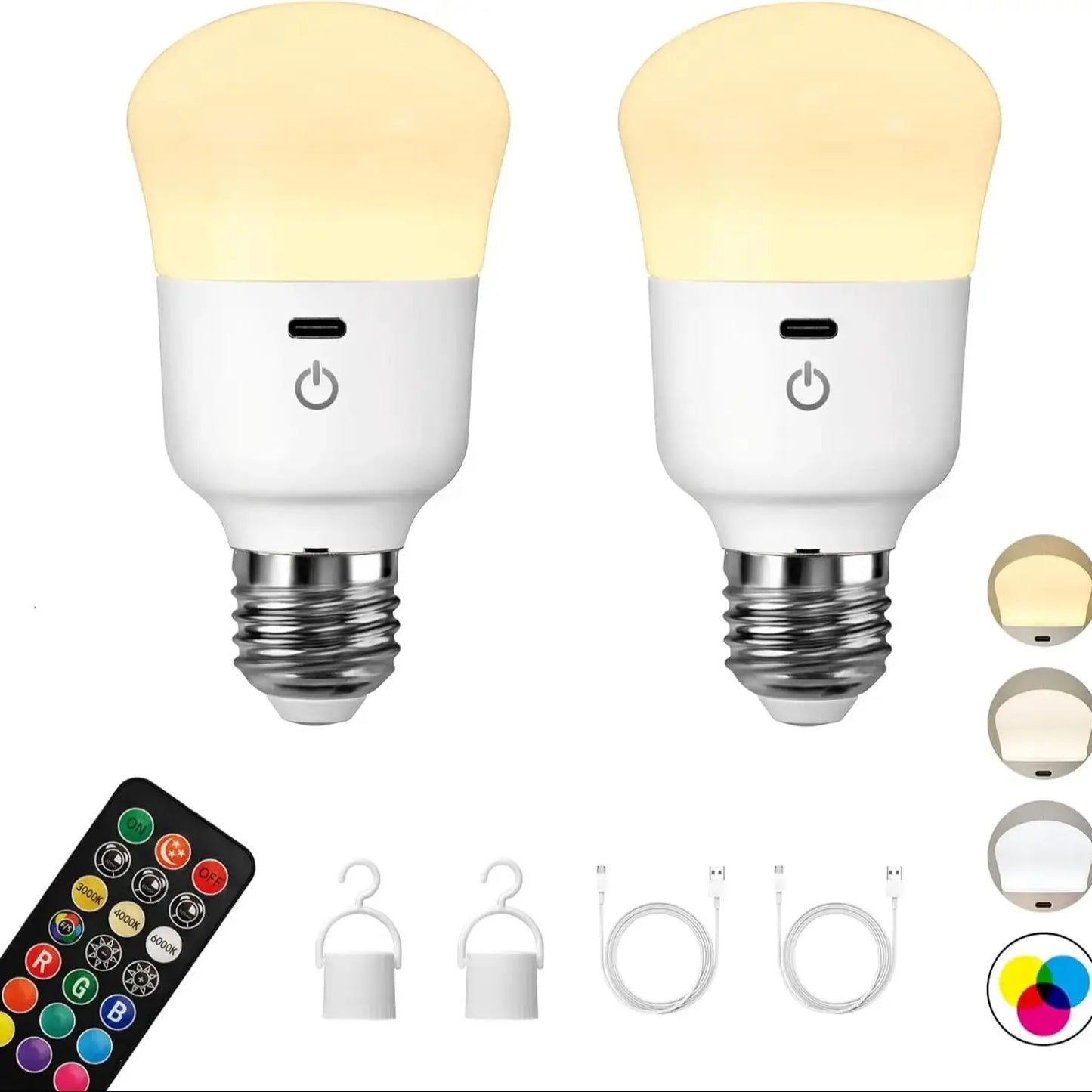 Usb Rechargeable Light Bulb with Remote Control Dim & RGB, Timer, Backup Emergency Light for Home or Outdoor