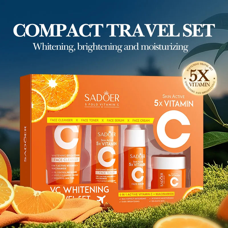 SADOER 5X Vitamin C Travel Skincare Set - Cleanser, Toner, Serum, Cream | Whitening Brightening Moisturizing Face Care Mini Kit