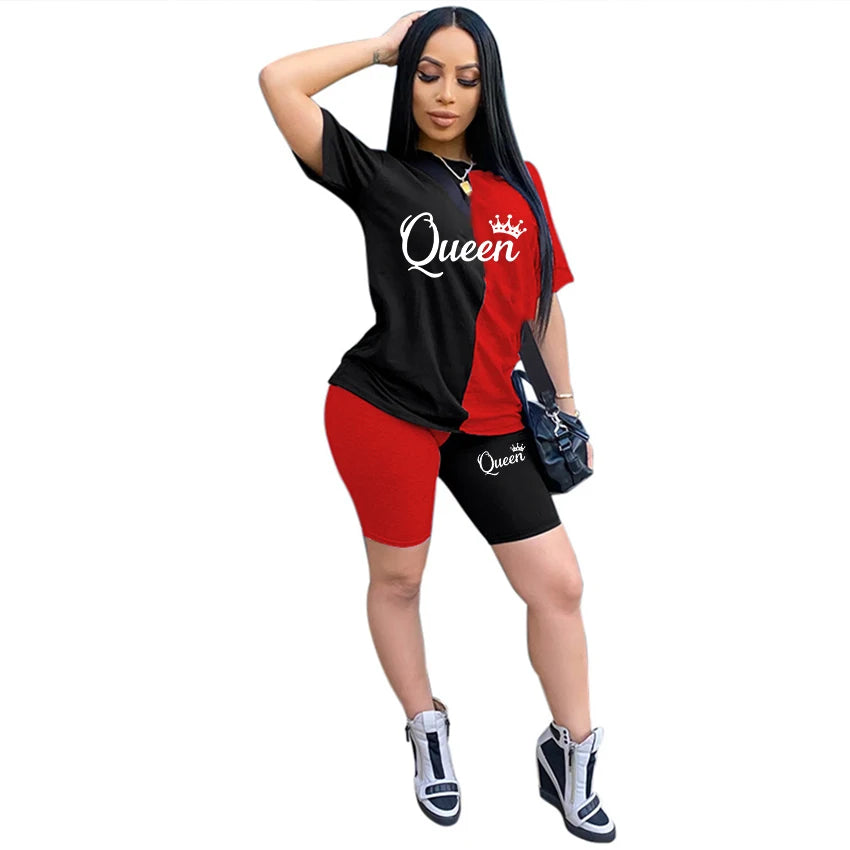 New Summer Fashion Women Stitching Queen Print Tracksuit 2 Piece Set Woman Sports Suit Summer Outfit
