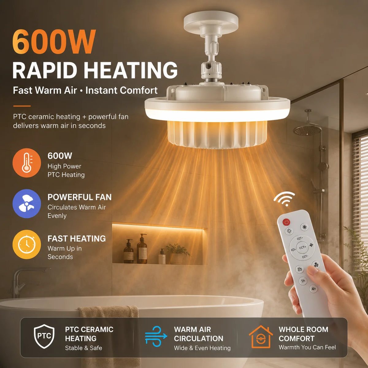 3-in-1 Bathroom Heater Fan Light 600W PTC Heating E27 Socket 3 Color LED Ceiling Lamp with Remote Control And 1H 2H 4H Timer