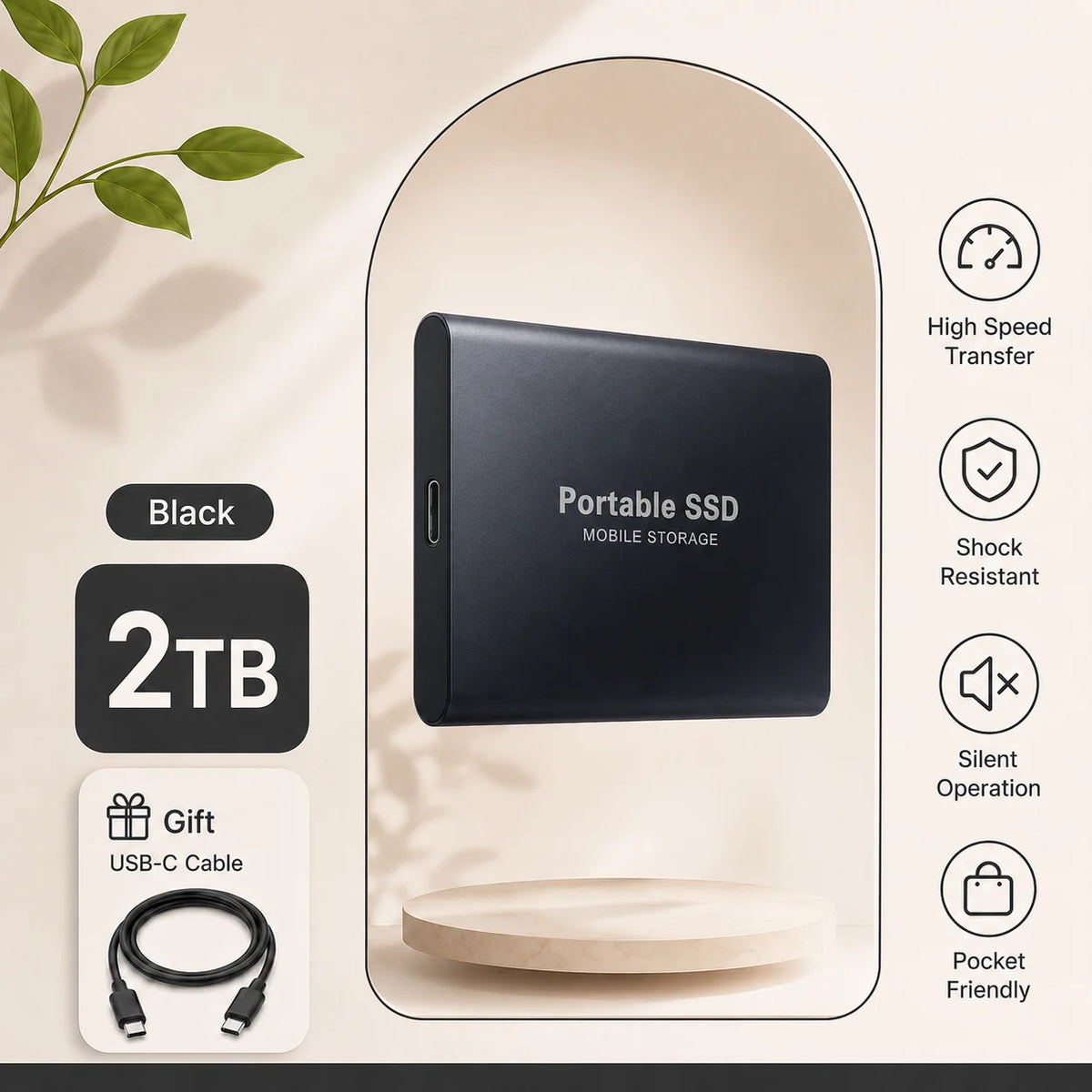 1TB 2TB Shockproof Portable External Hard Drive USB3.2 Type-C SSD Plug Play Hard Disk For Laptop Mac