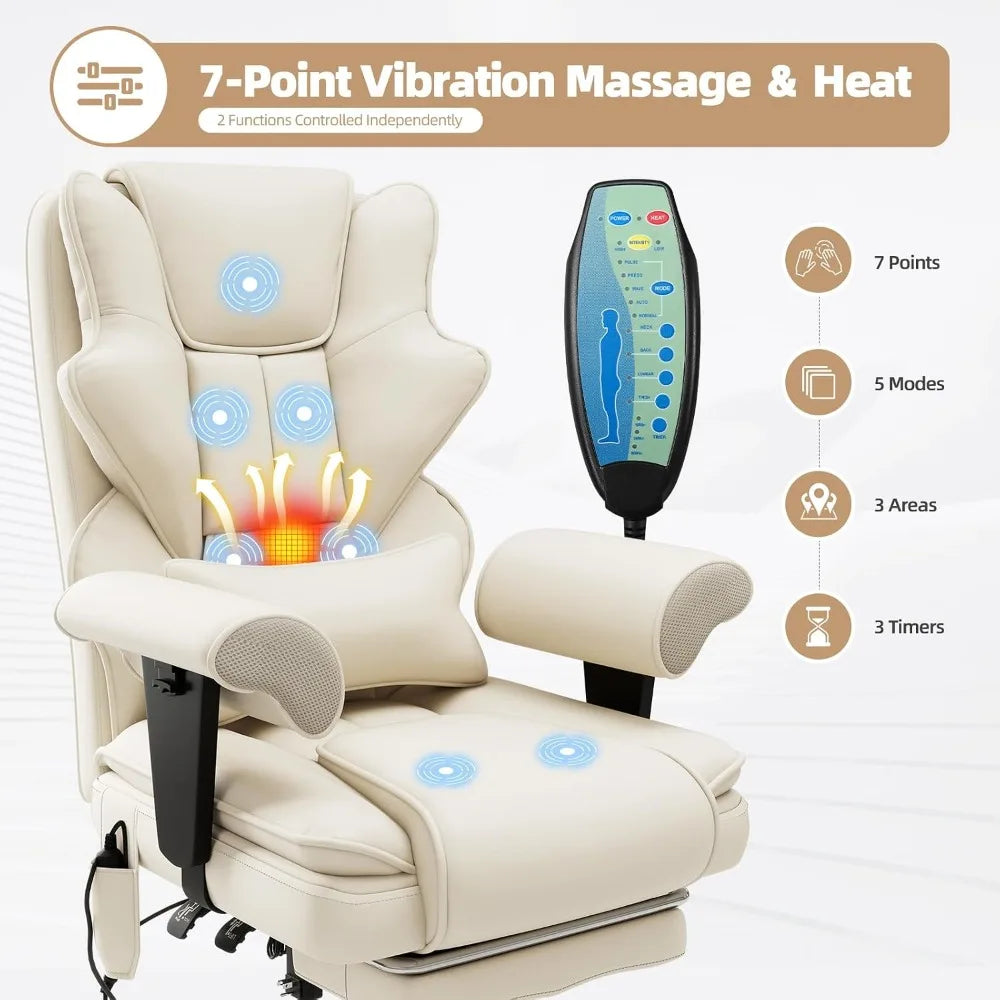 7-Point Massage Heated Executive Office Chair with Footrest, Beige
