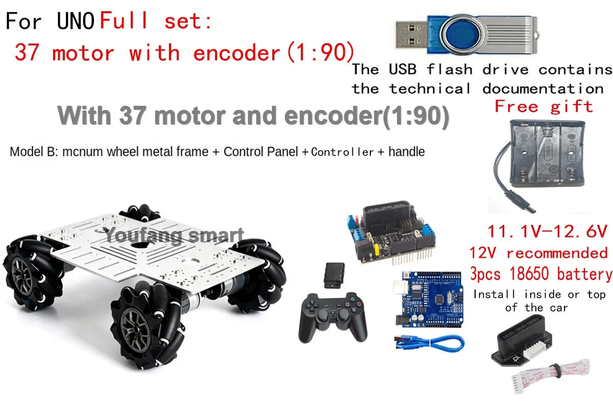 25Kg Big Load 4WD Mecanum Wheel Robot Car 330+240mm Chassis with 12V Encoder Motor for Arduino ROS Robot Arm DIY Kit Toy Parts