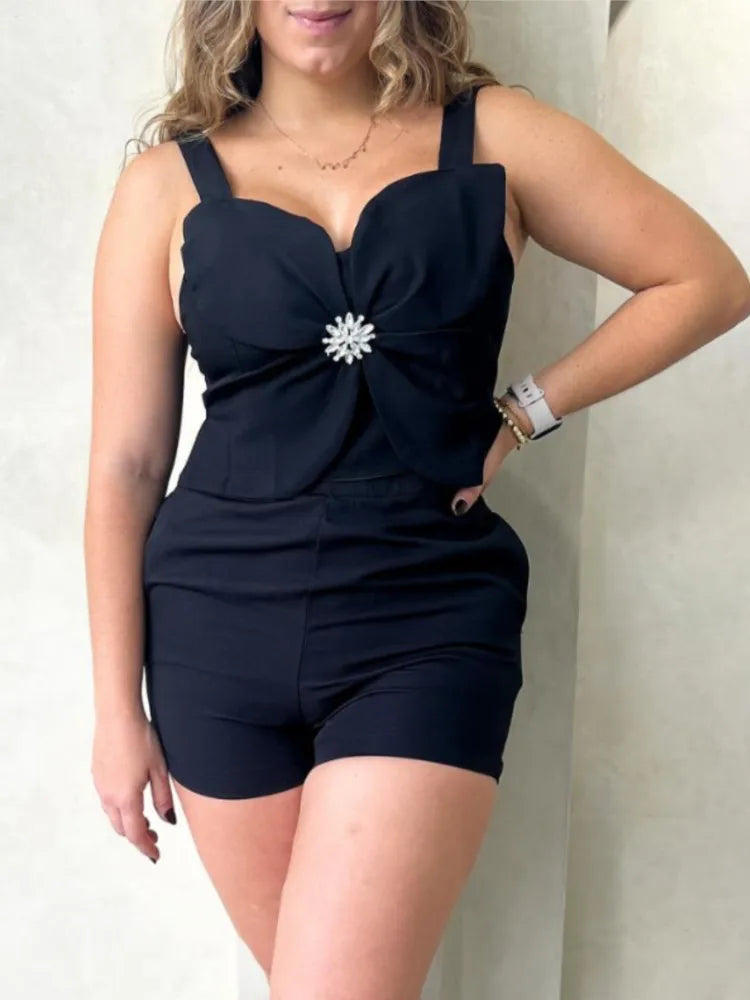 Women Fashion White Black Casual Sleeveless Tank Top Two Piece Sets Outfit Summer Sexy Backless Folds Vest +pockets Shorts Set