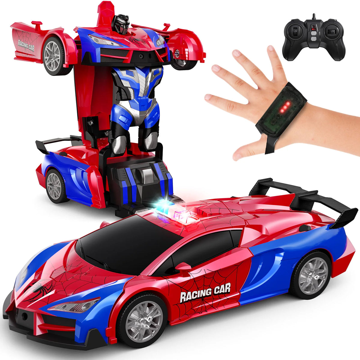 Remote Control Cars Police Car Toy Gesture Sensing with LED Light, 2.4GHz One Button Transformation Robot RC Cars Gift for Kids