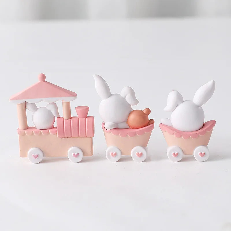 1set Pink Bunny Train Cake Topper Cartoon Rabbit Bear Doll Cake Decor Girls Birthday Party Decoration Baby Shower Supplies