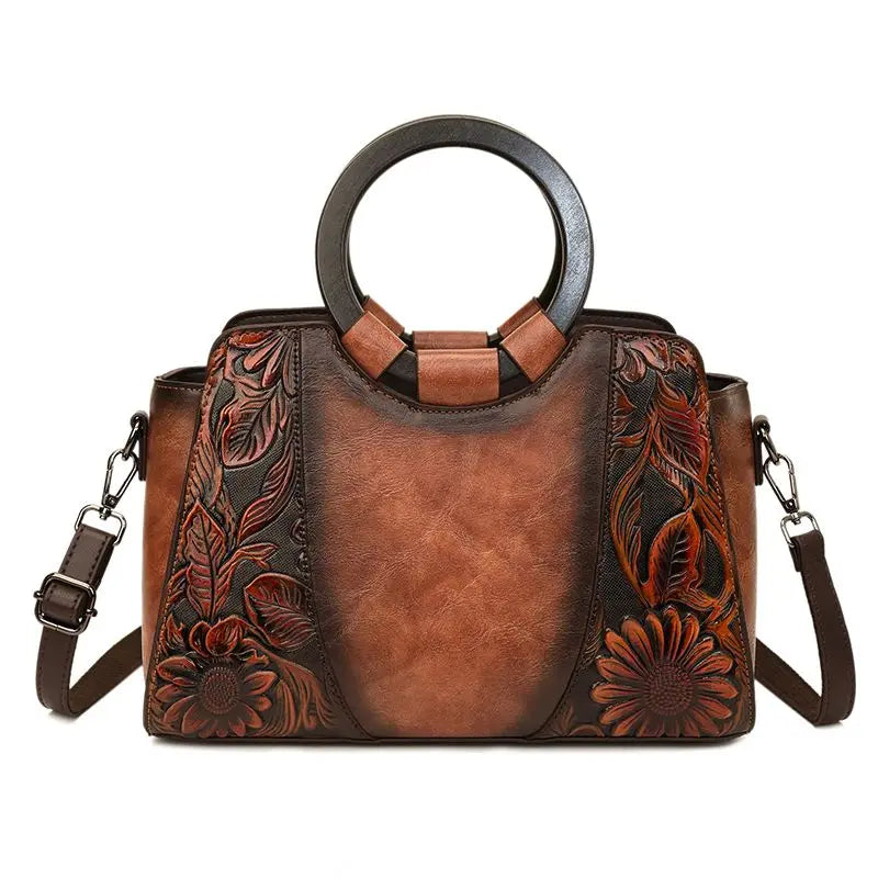 2026 New Vintage Chinese Leather Carved Leather Handbag Women Embossed Versatile Cheongsam One-shoulder Crossbody Mother Bag